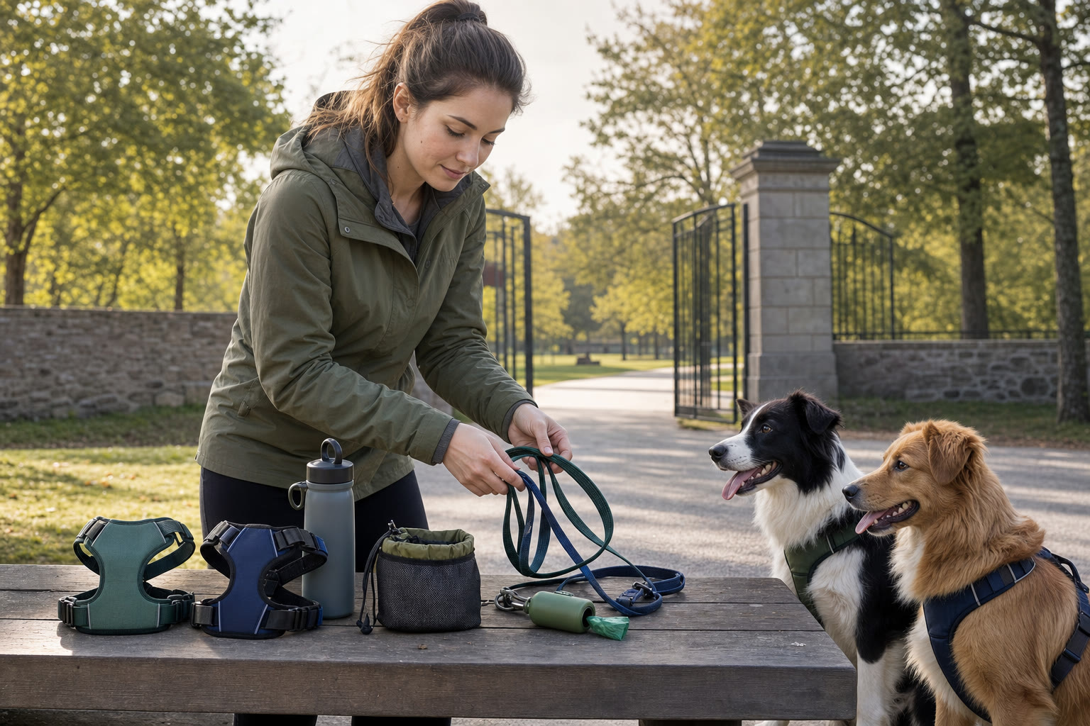Dog walker preparing two leashes, harnesses, water, and treats before a walk