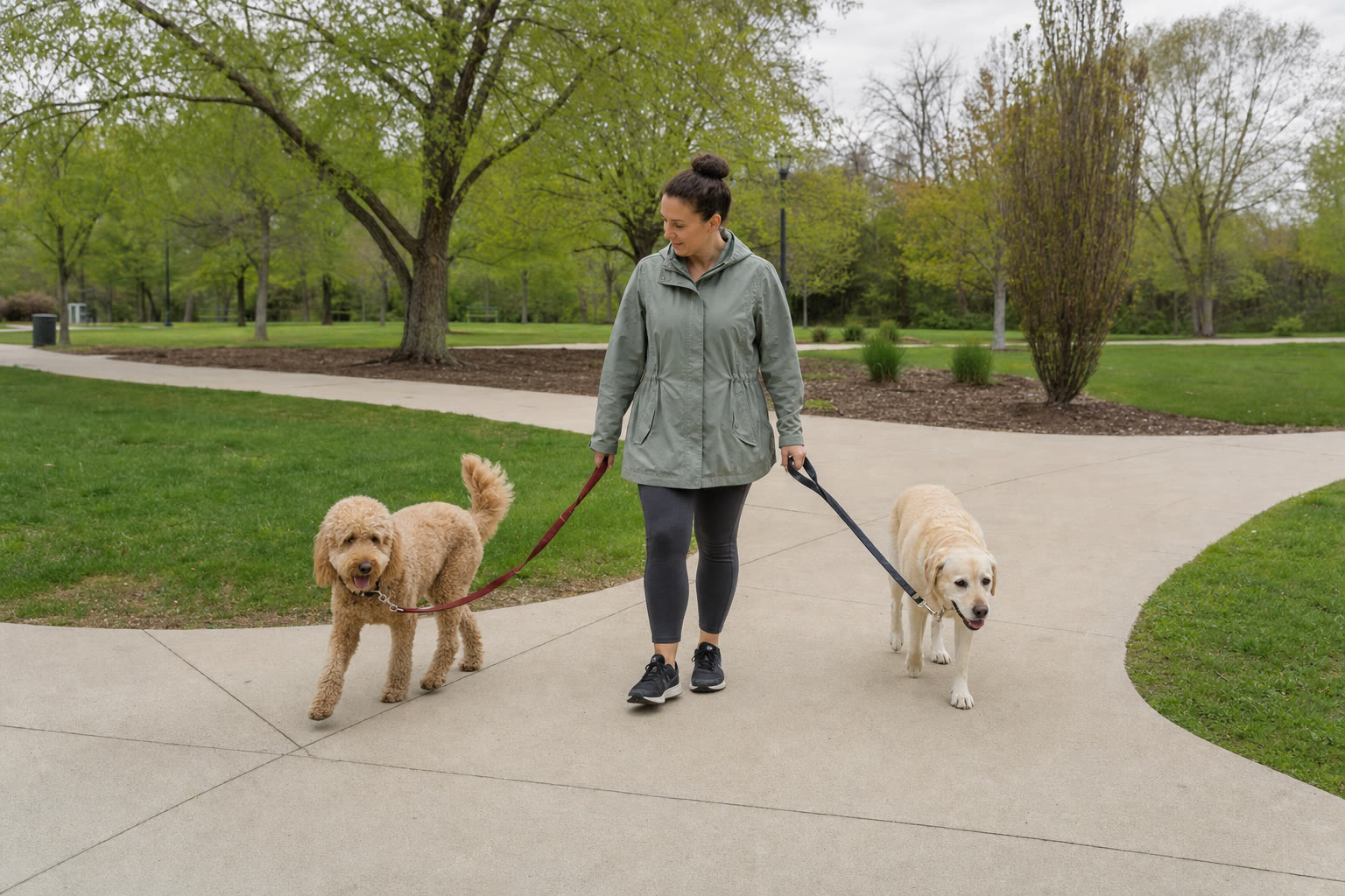 Dog walker guiding two dogs around a wide park path