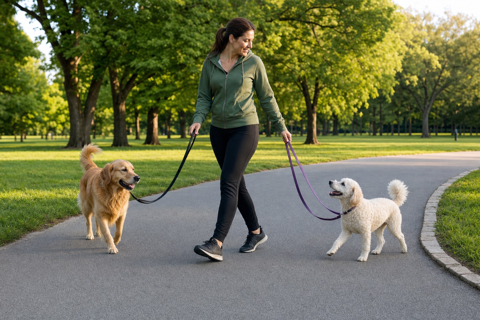 Handler guiding two dogs through a wide turn on a park path