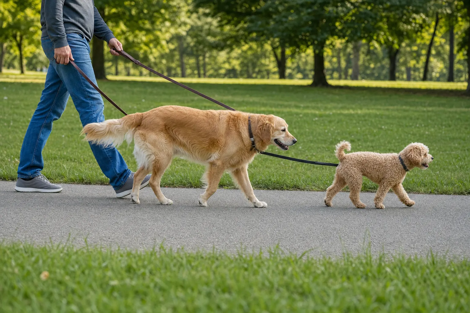 Two dogs walking calmly in an open park with a handler