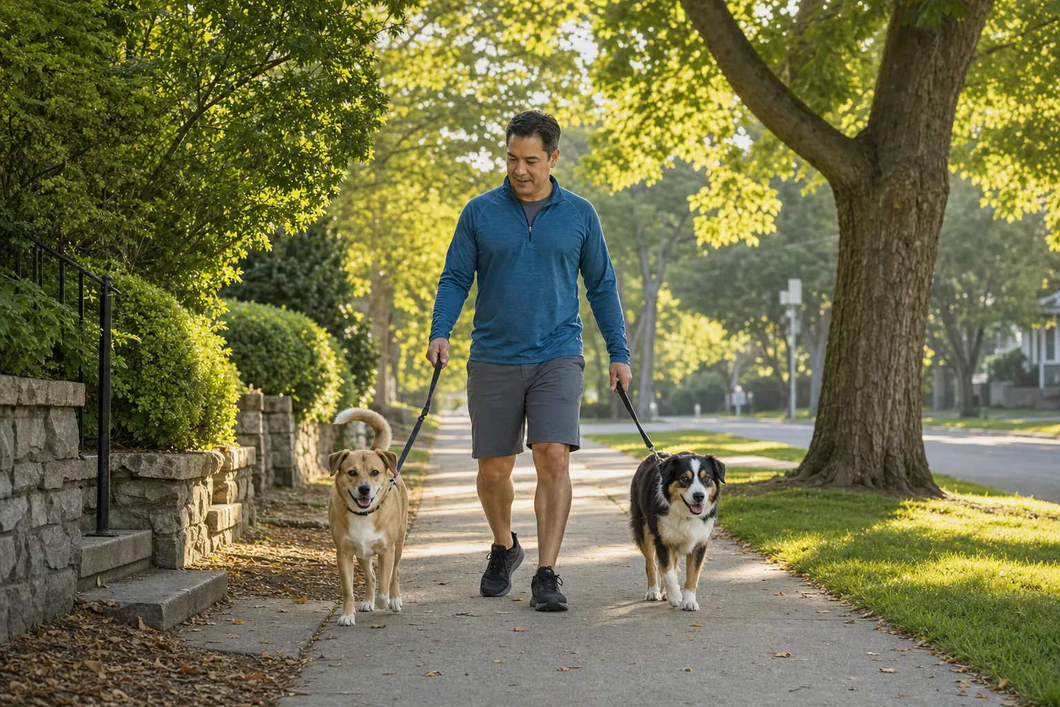 Person walking two calm dogs on separate leashes along a tree-lined sidewalk