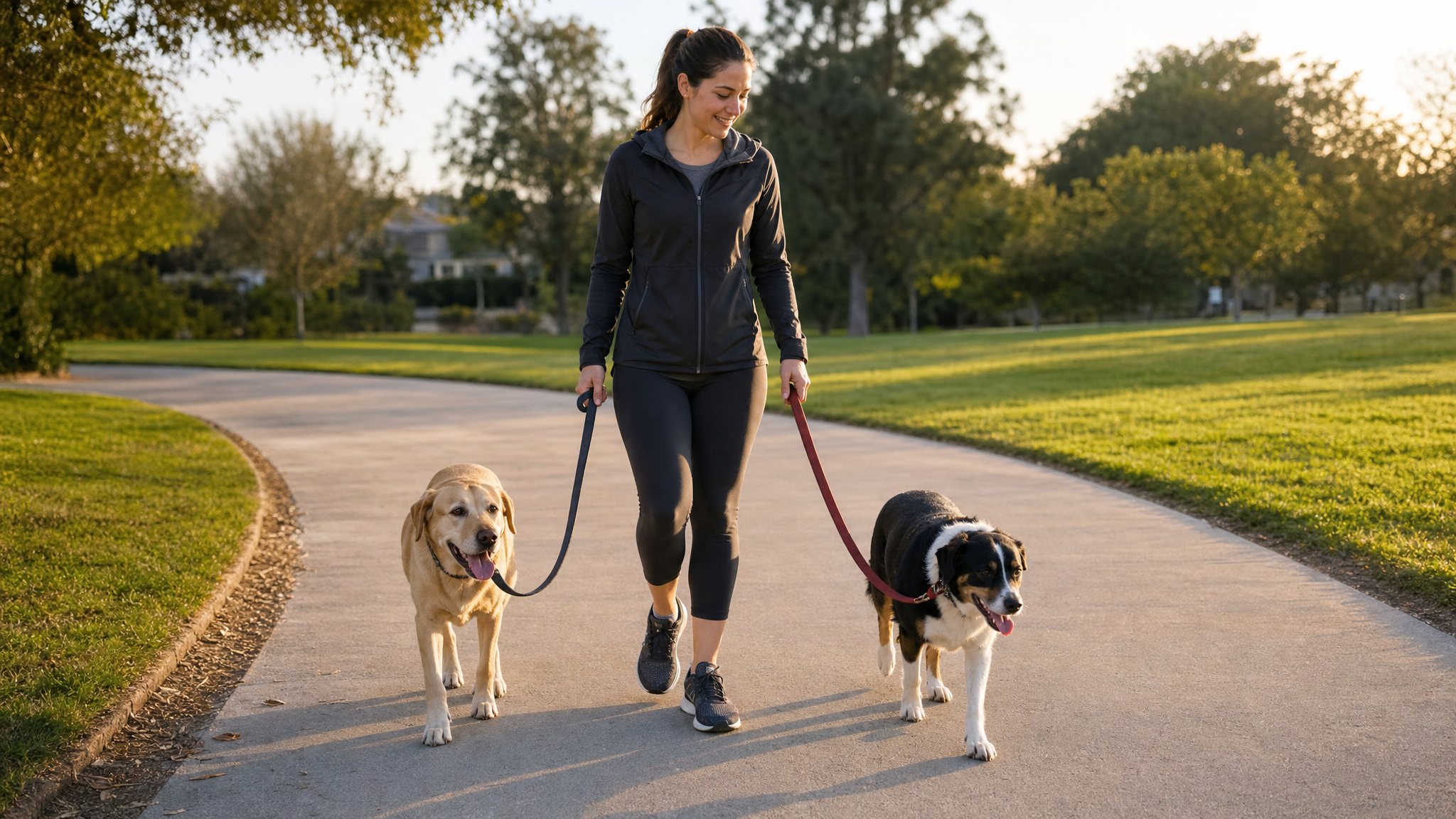 Dog walker leading two dogs through a wide turn on a park path