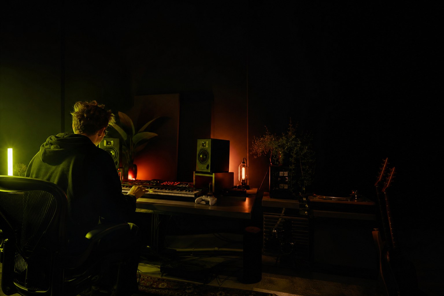 A music creator composing at a keyboard in a dark studio