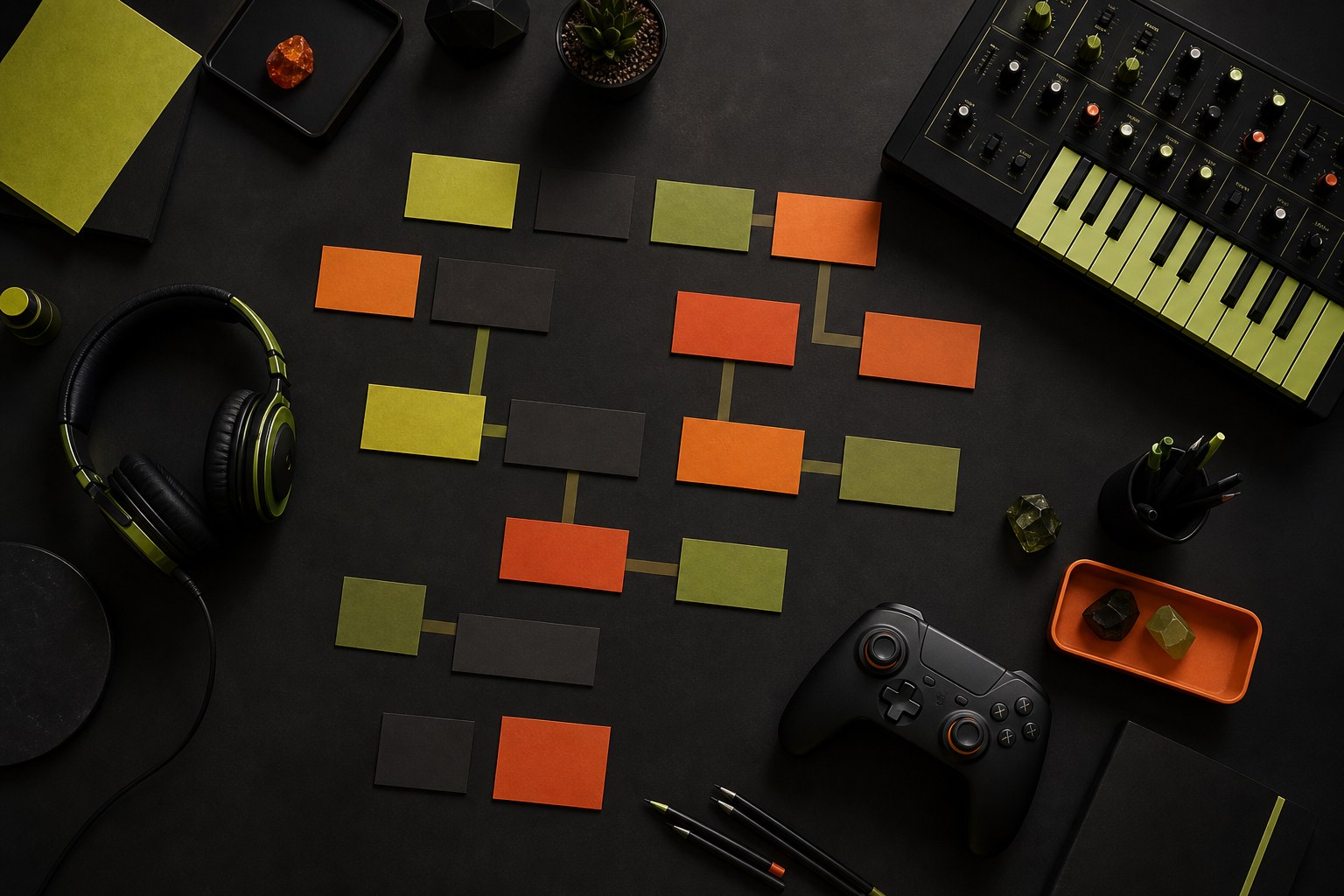 Blank colored cards arranged as a game music planning path beside a controller and headphones