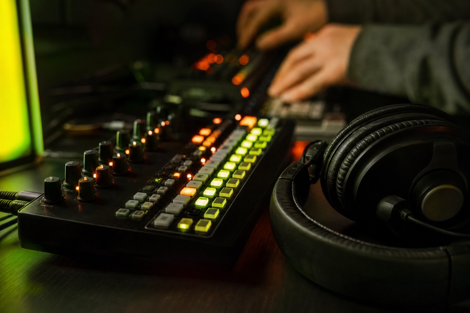 A hardware music sequencer and headphones in a low-lit studio