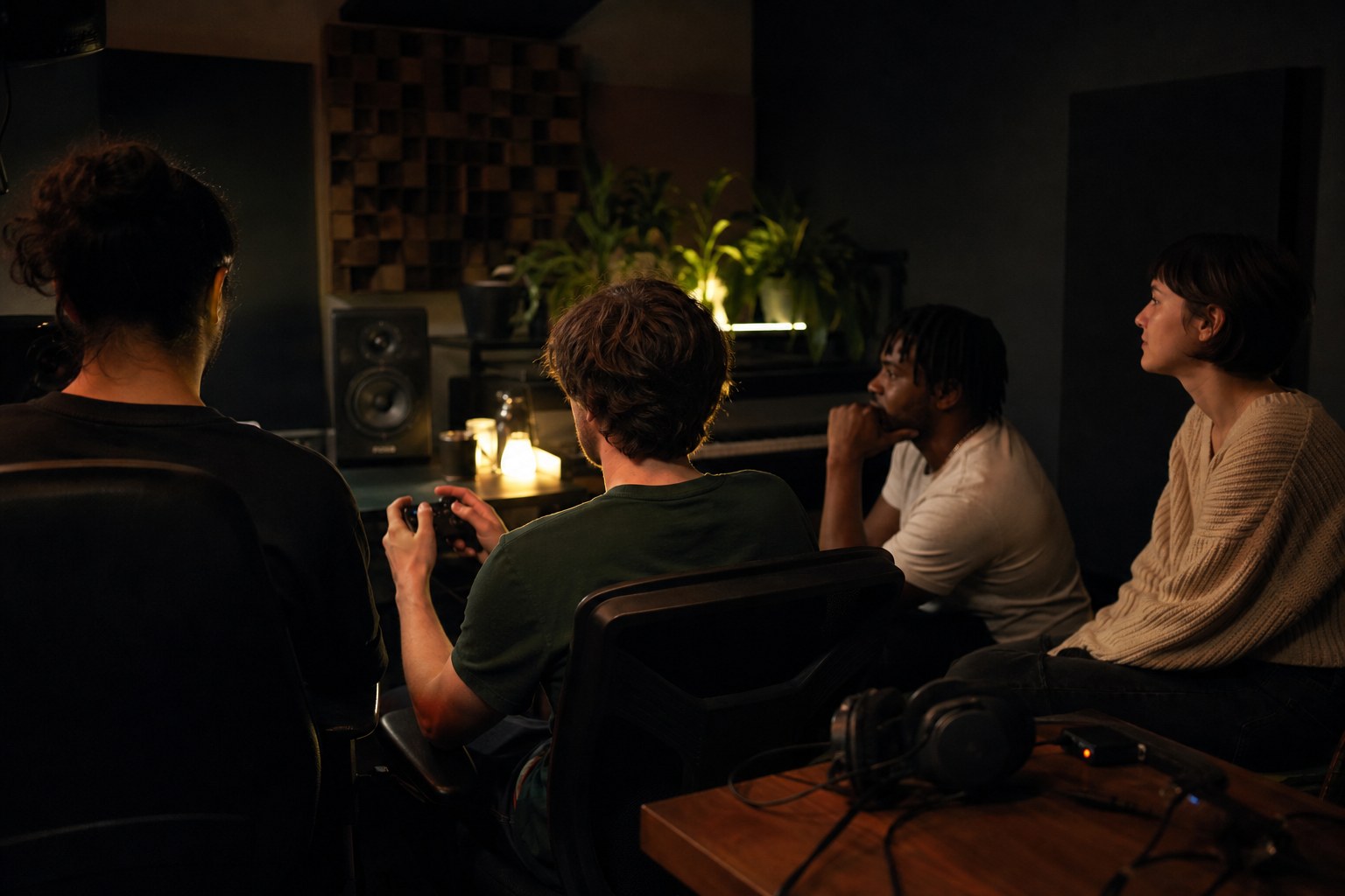 A small creative team listening together during a game music playtest