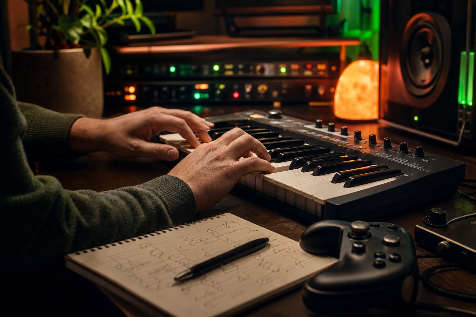 Hands playing a MIDI keyboard beside a game controller in a home studio