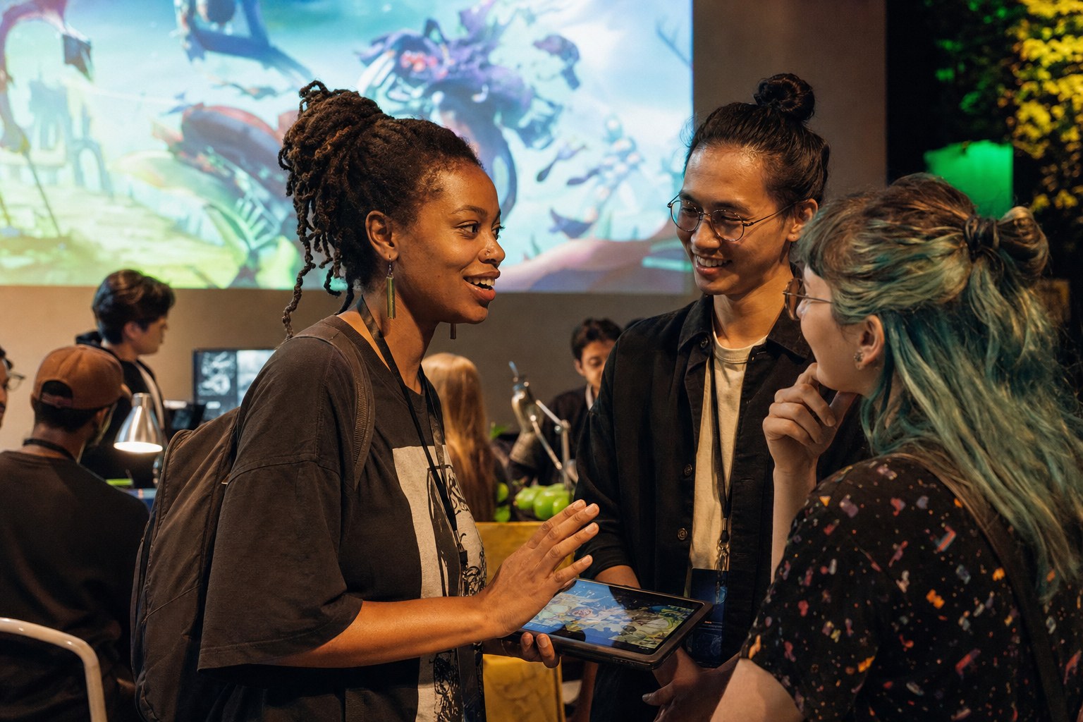 Creators connecting at a game development community event