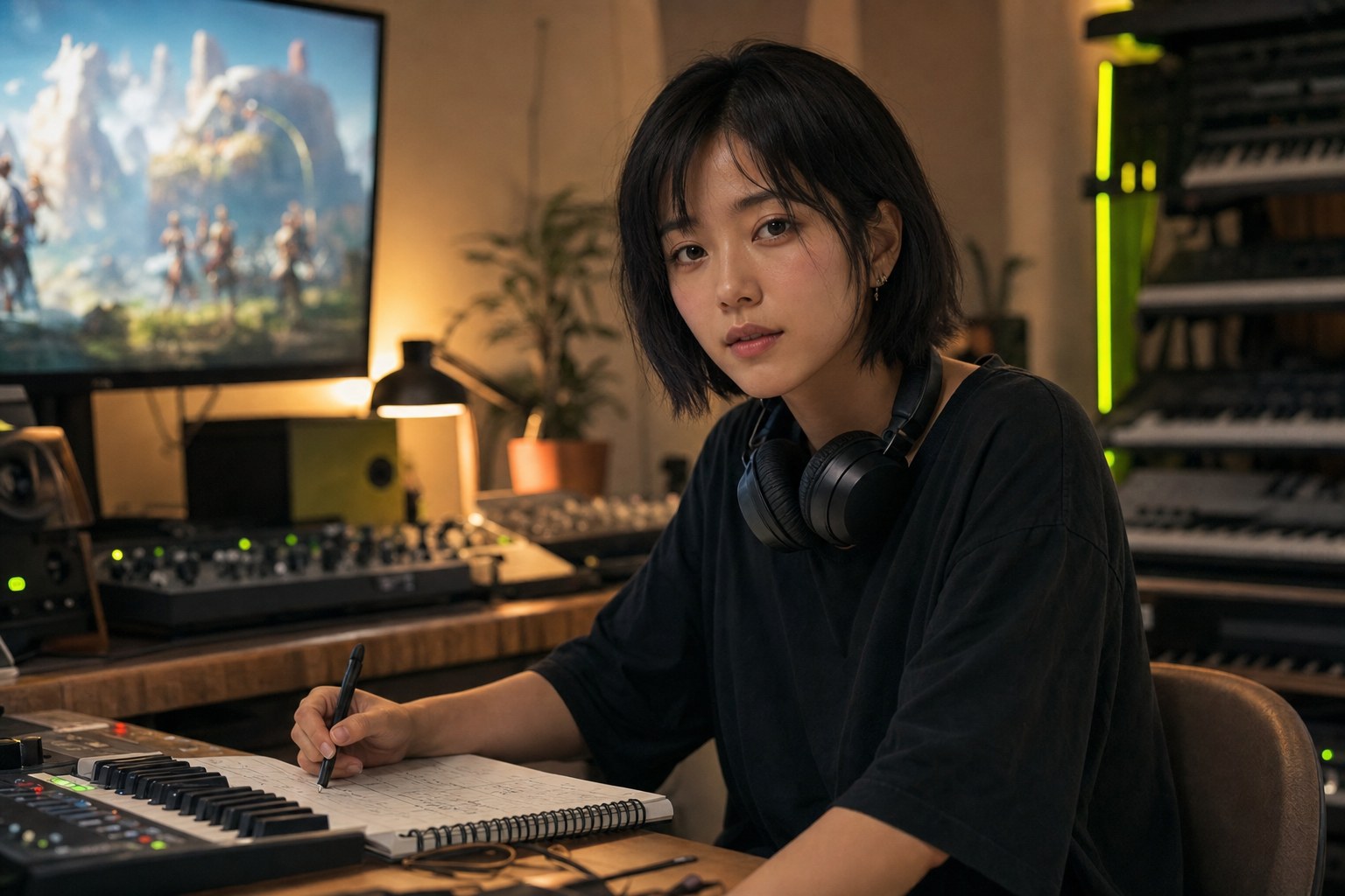 A creator working in a home music studio beside a game monitor