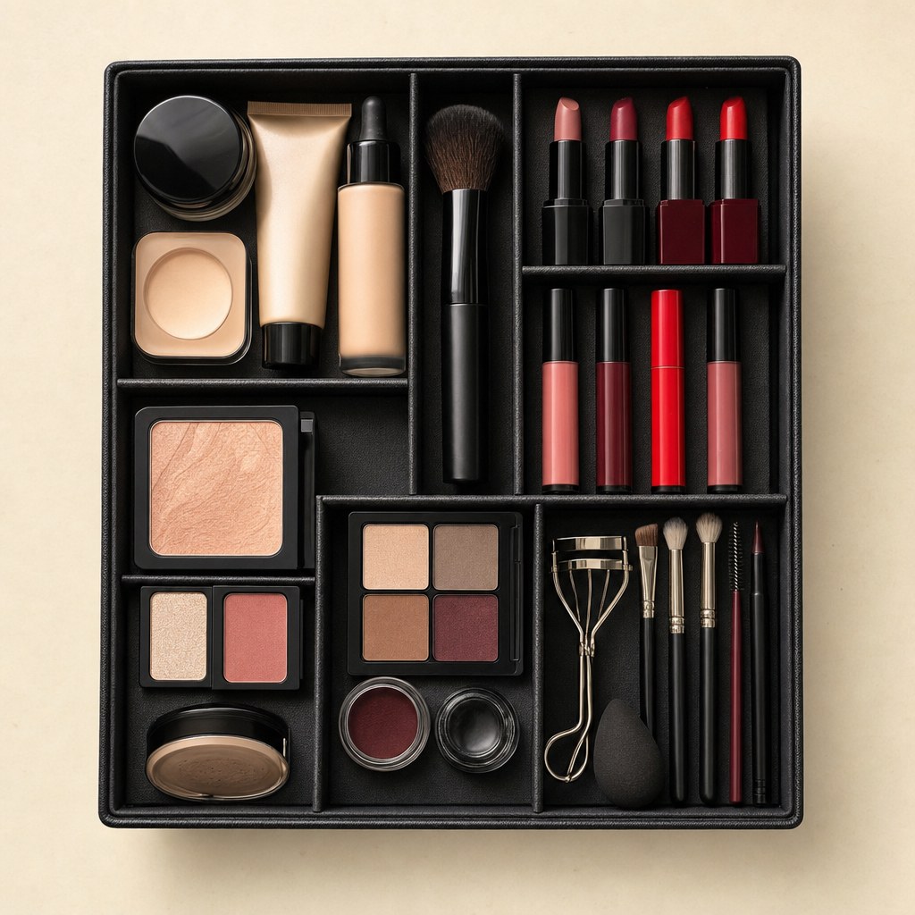 Makeup tray organized into separate zones for an everyday routine