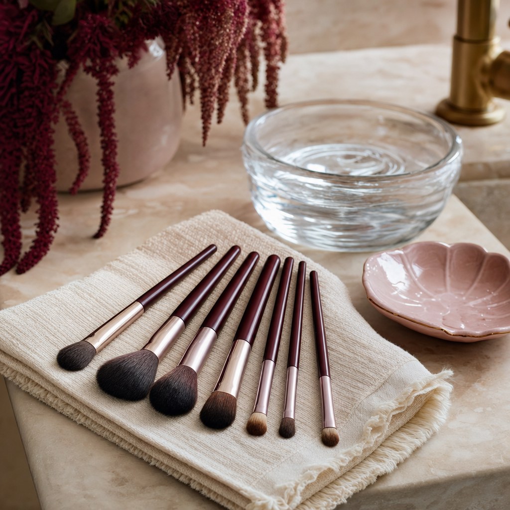 Clean makeup brushes drying beside a ceramic dish