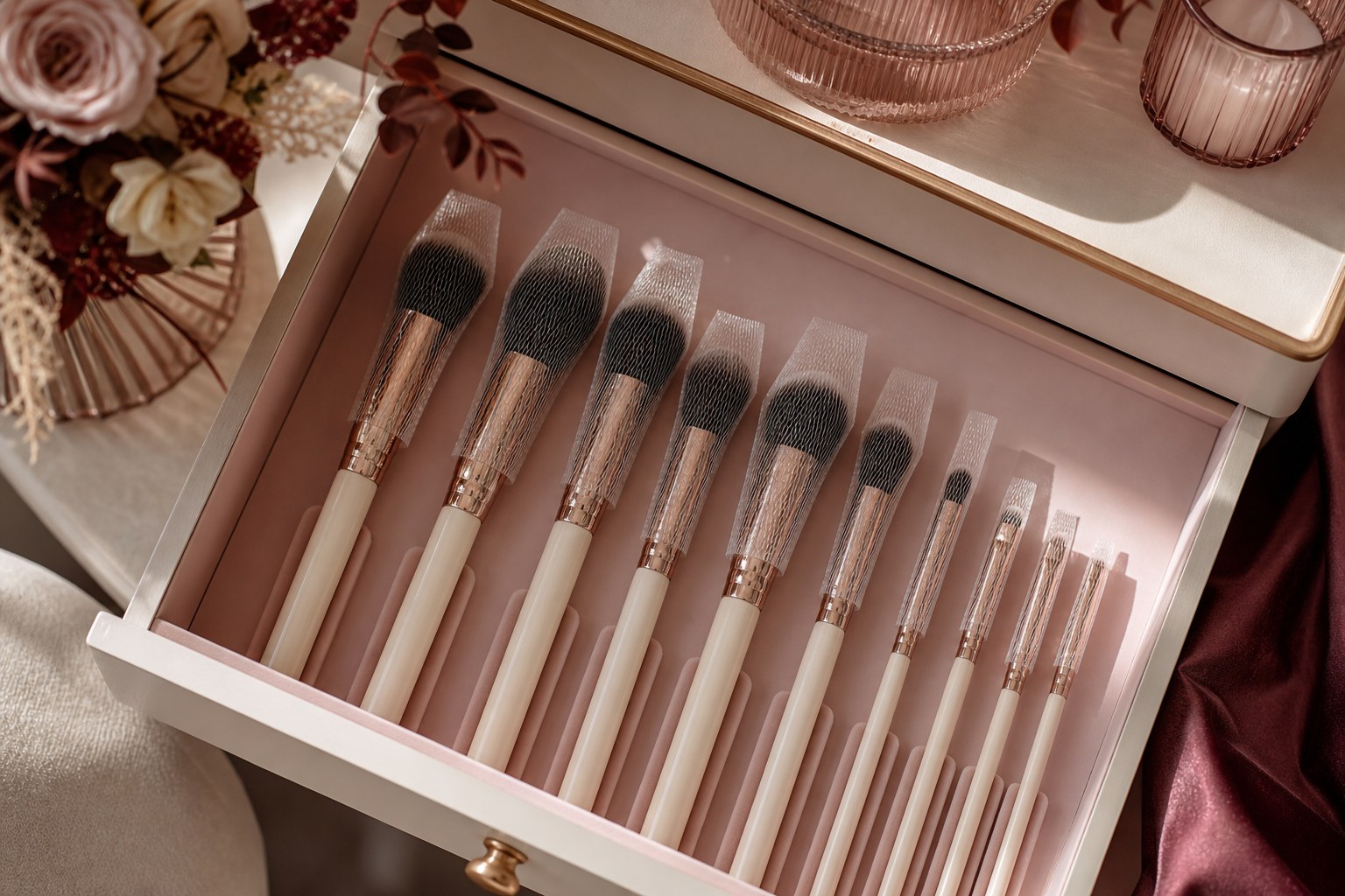 Makeup brushes protected in a pink-lined vanity drawer