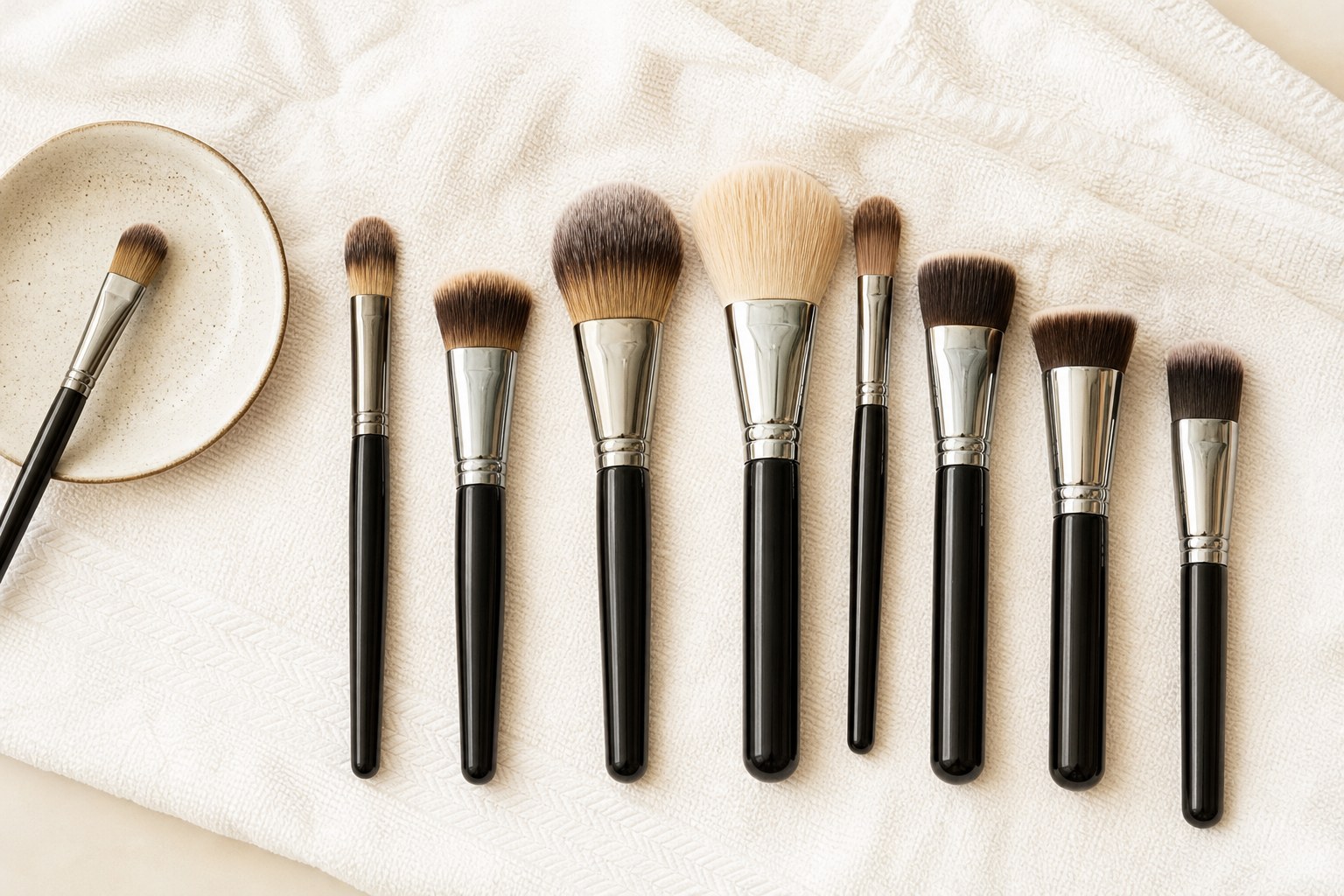 Clean makeup brushes lying flat on a warm ivory towel to dry