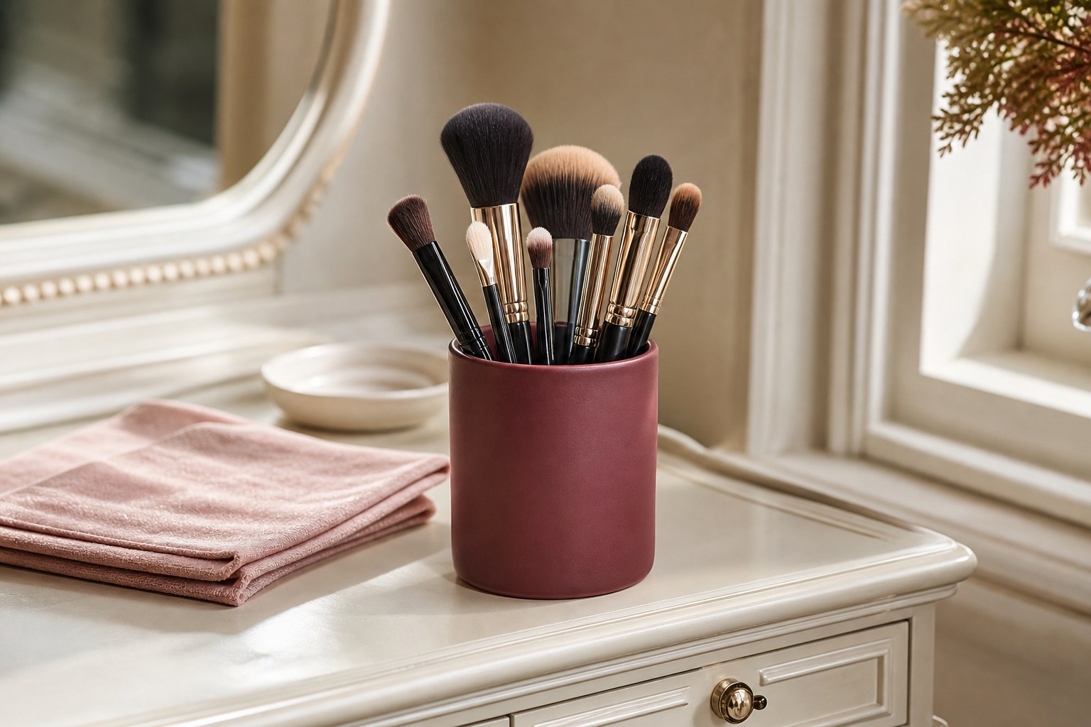 Clean makeup brushes standing in a burgundy ceramic holder on an ivory vanity