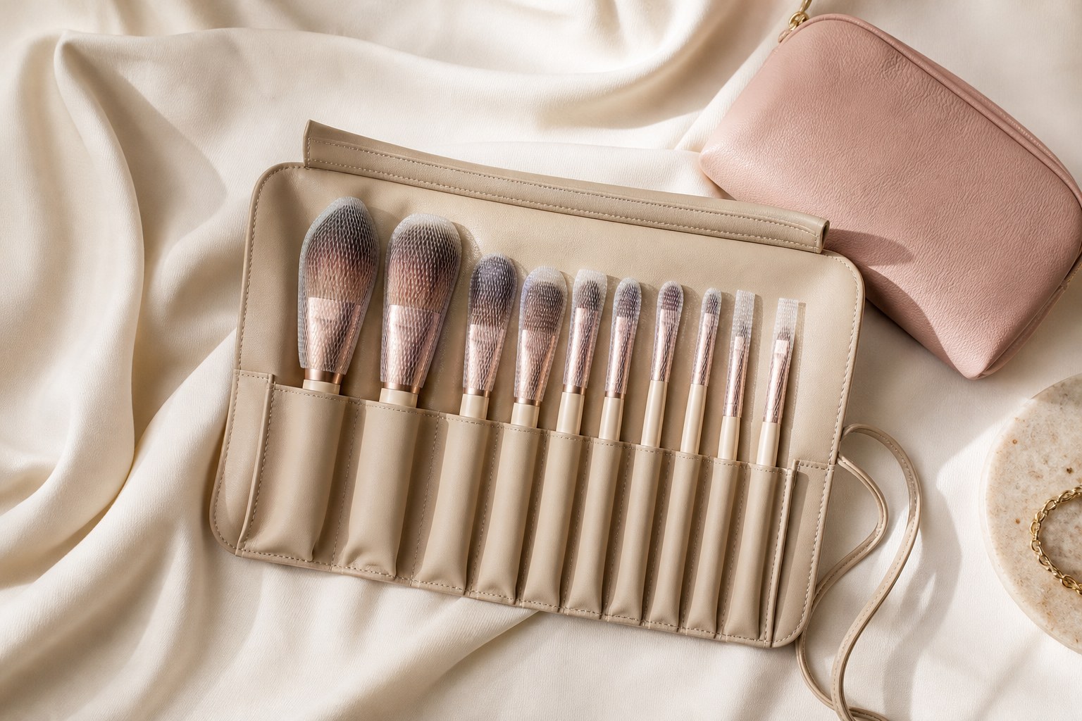 Makeup brushes protected in individual pockets of a travel brush roll