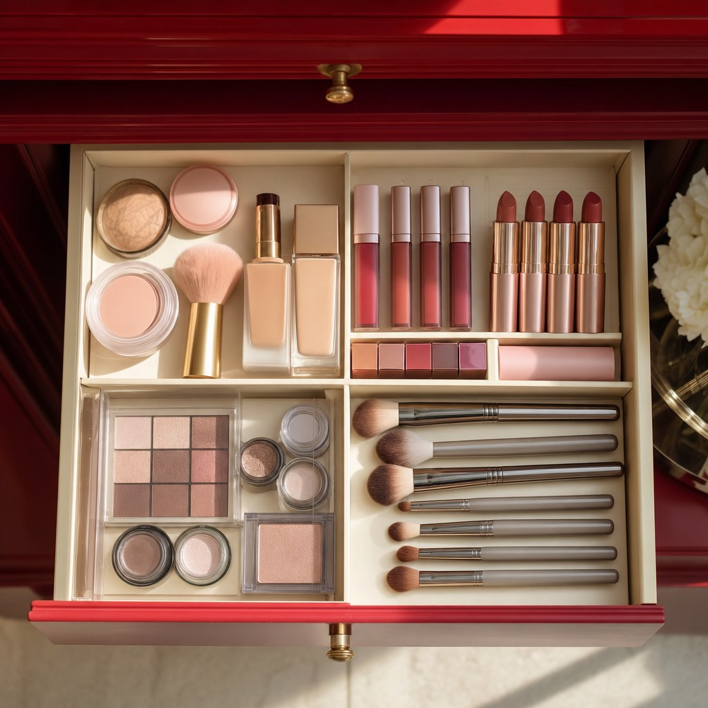 Open makeup drawer arranged into face, lip, eye, and tool sections