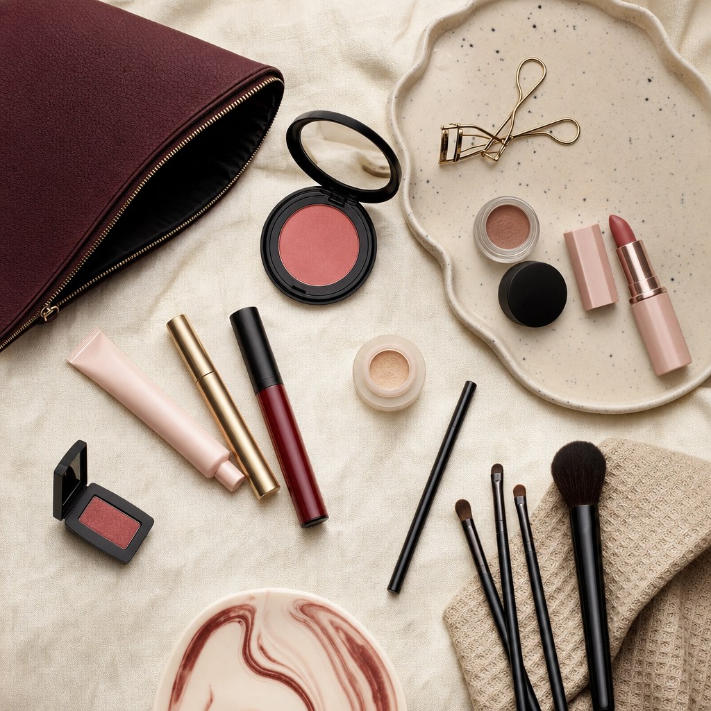 Small edited selection of makeup products, a pouch, and brushes on ivory fabric