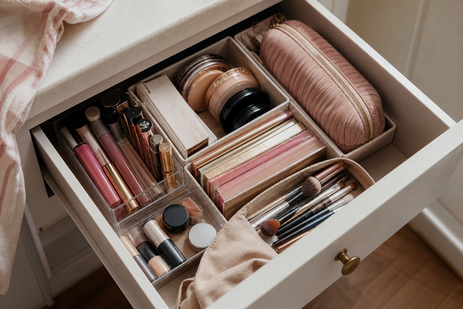 Organized makeup drawer with lip products, compacts, palettes, brushes, and a soft pink pouch