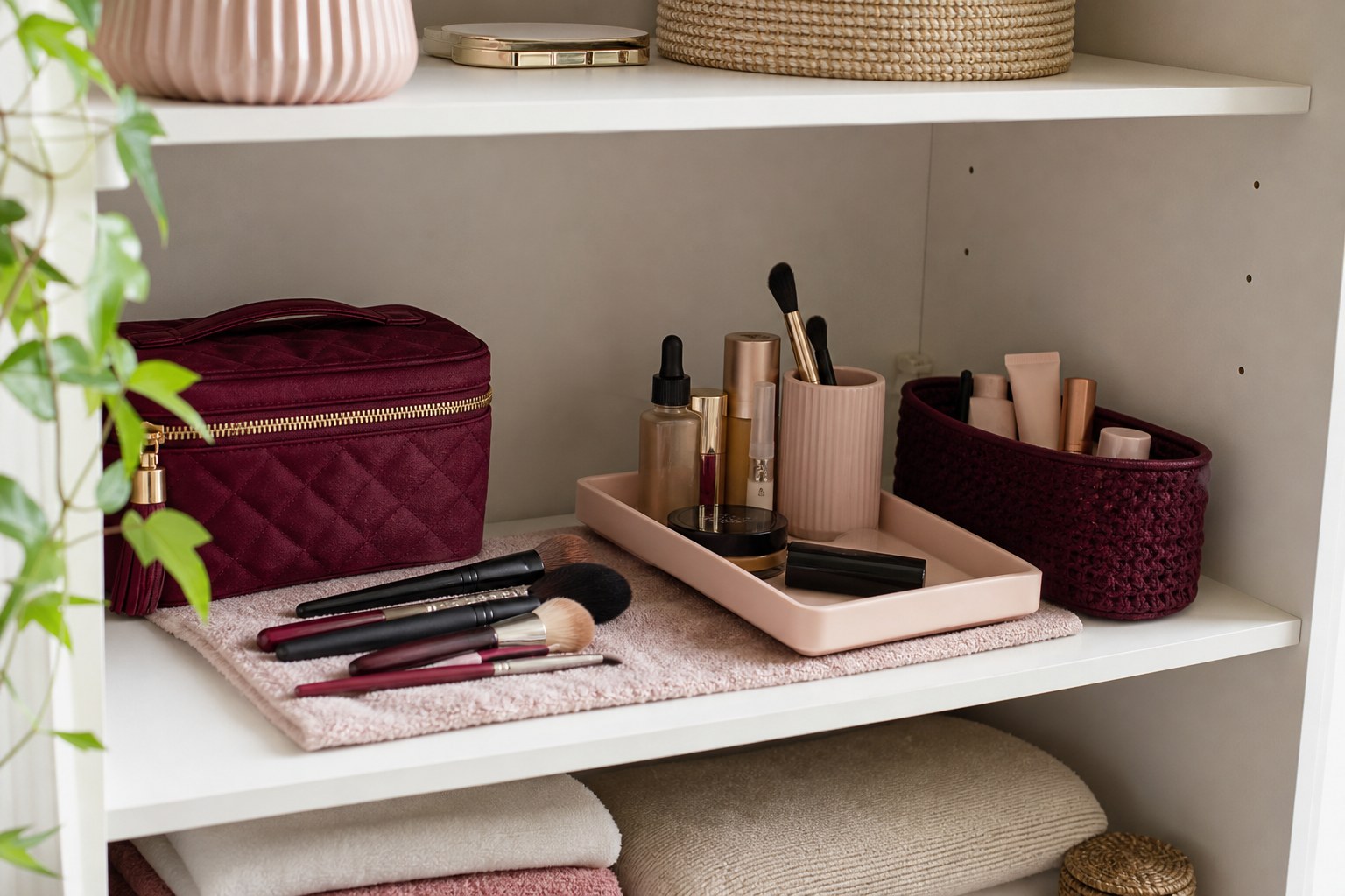 A simple beauty shelf with a daily tray, brush cup, makeup pouch, and small basket