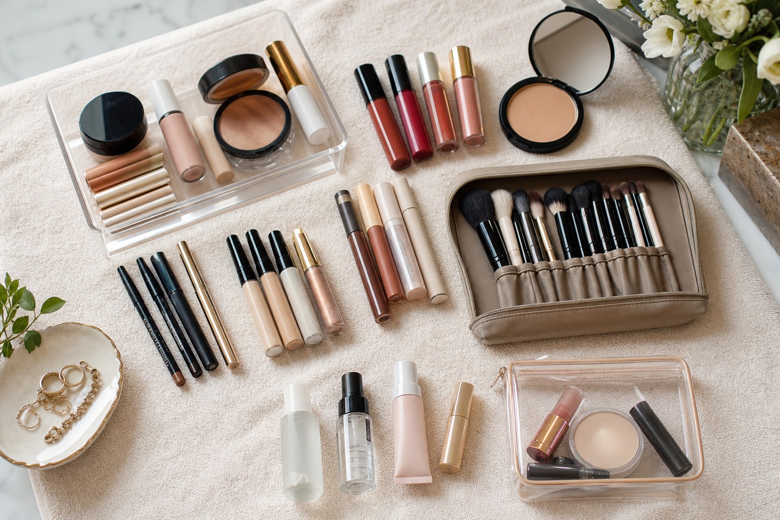 Makeup sorted into practical product groups on a soft ivory towel