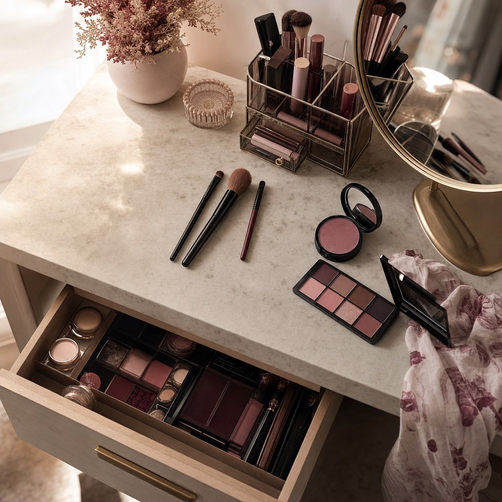 Organized makeup vanity with a softly open drawer
