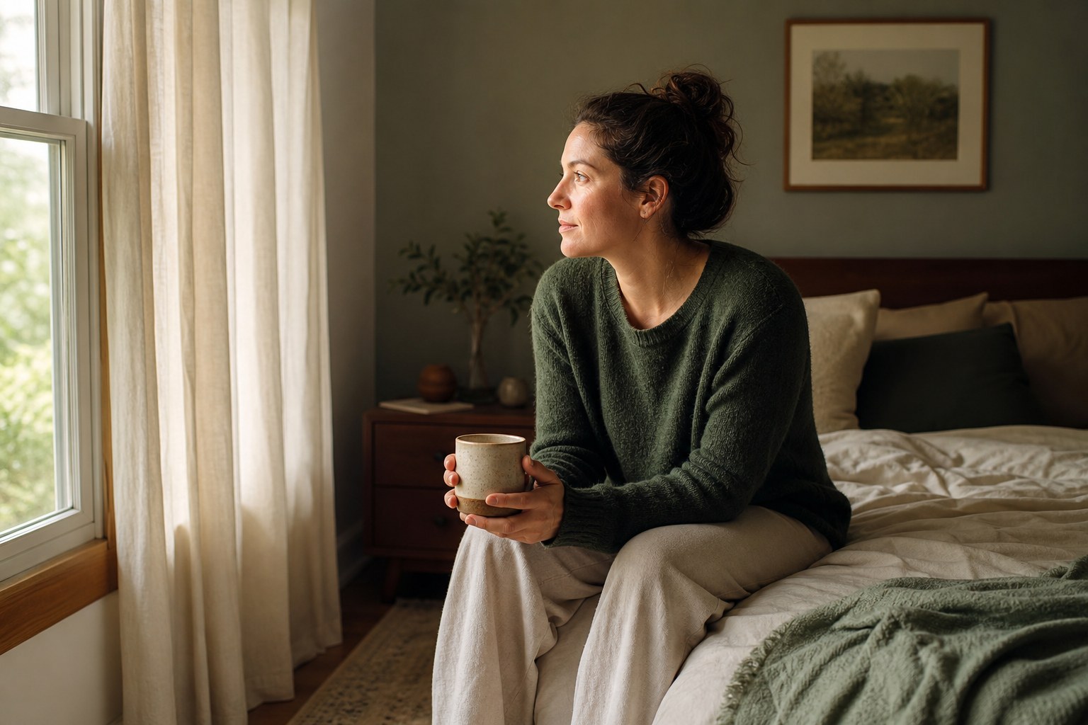 Woman holding a mug and looking out a bedroom window