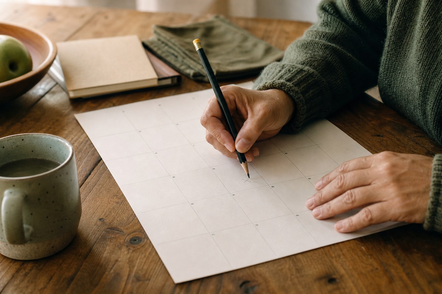 Hands marking a blank monthly calendar with a pencil