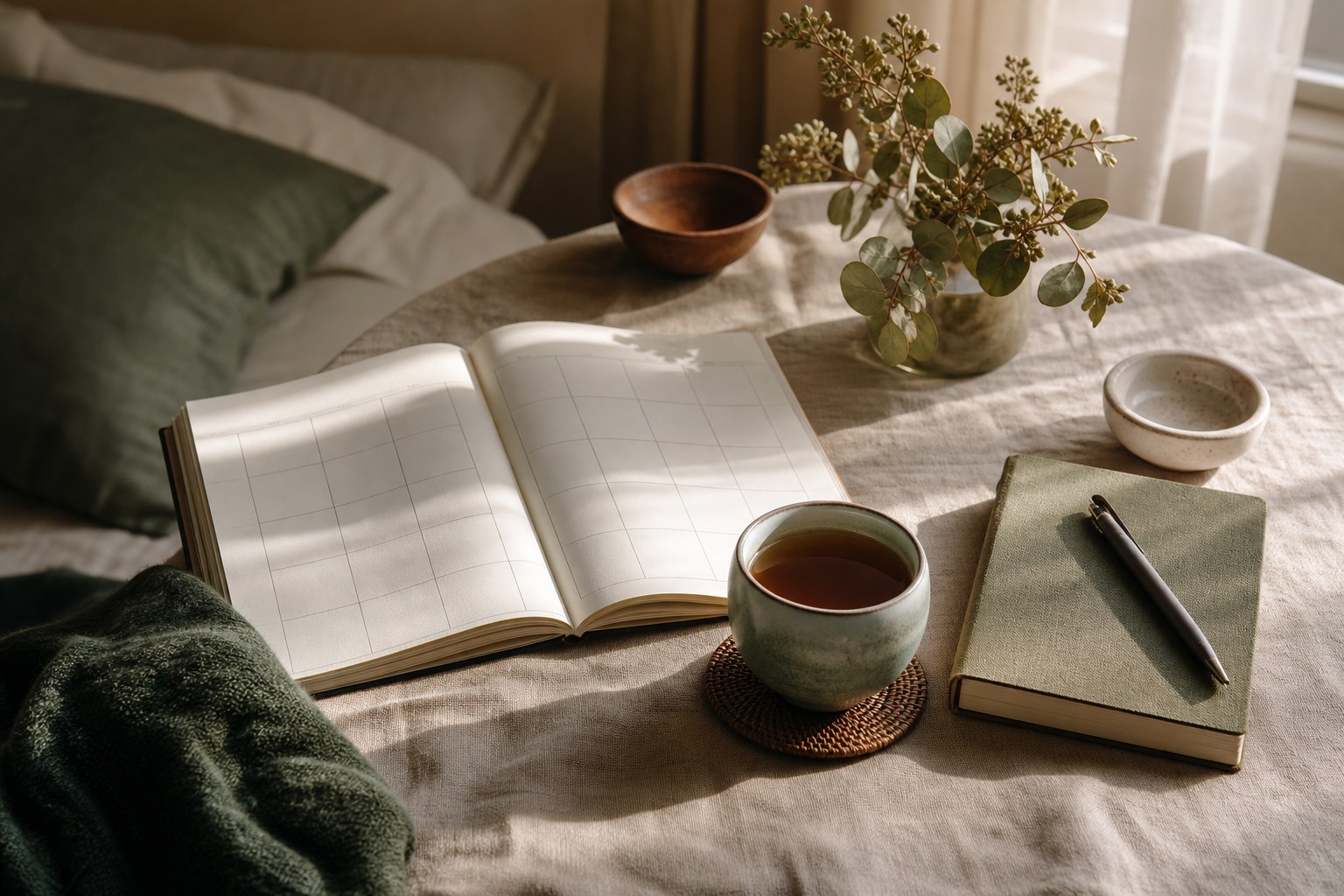 Blank monthly calendar, notebook, and tea in warm window light