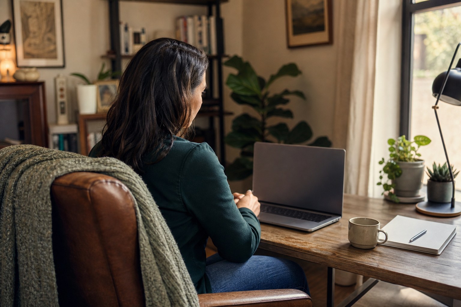 Woman seated at a desk during a private virtual appointment