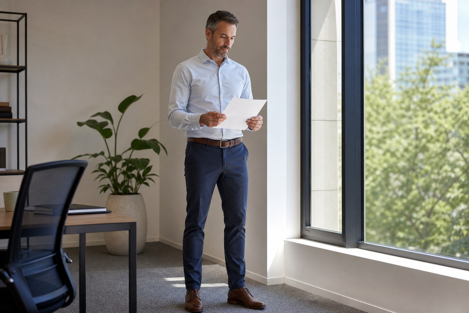 Professional thoughtfully reviewing a role brief by an office window