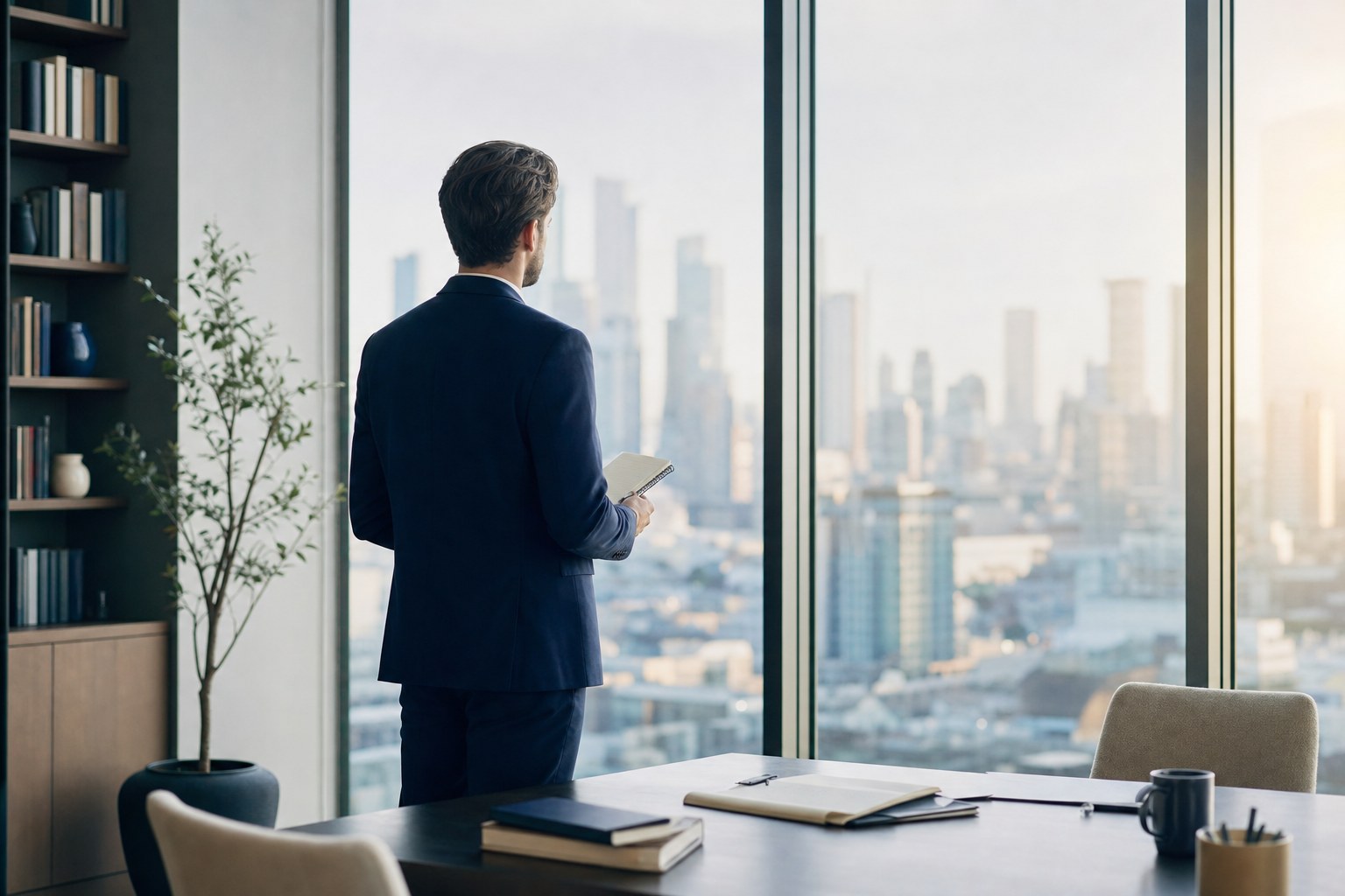 Professional considering a career move by an office window