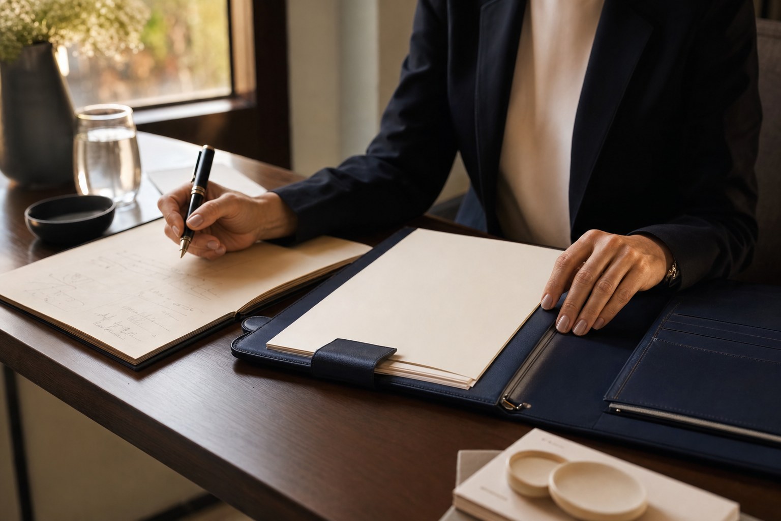 Communications leader reviewing presentation notes before a meeting