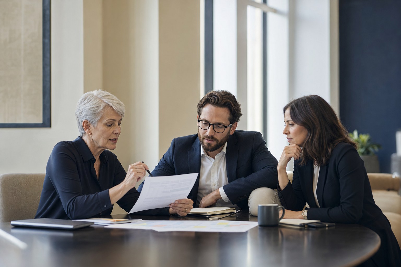 Communications leaders reviewing a role brief together at a conference table