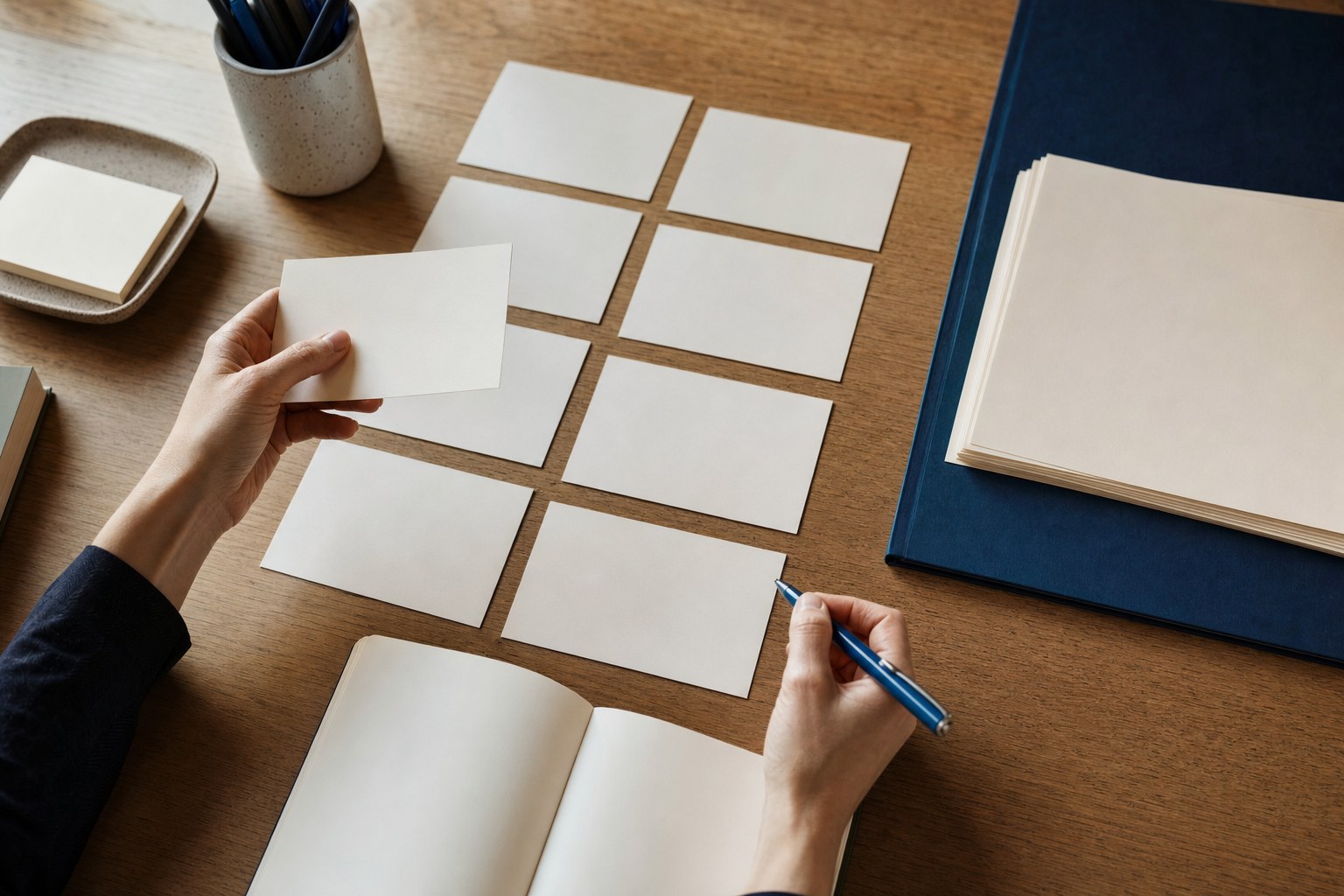 Professional mapping audience and message priorities with cards and a notebook