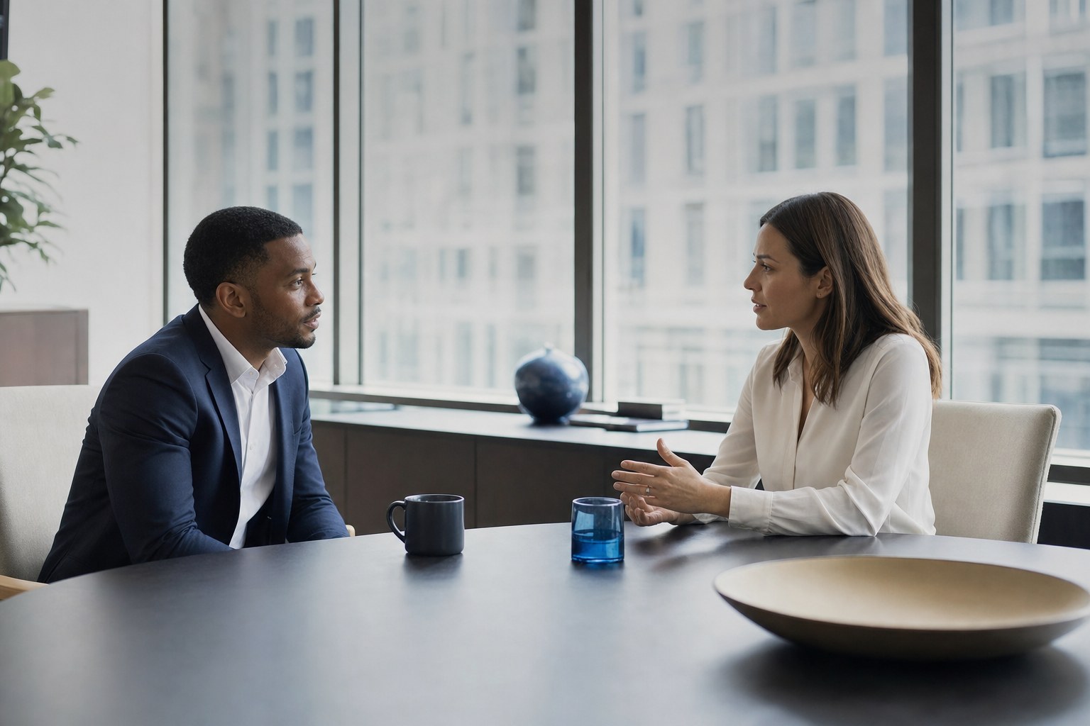 Two professionals having a thoughtful conversation across a conference table