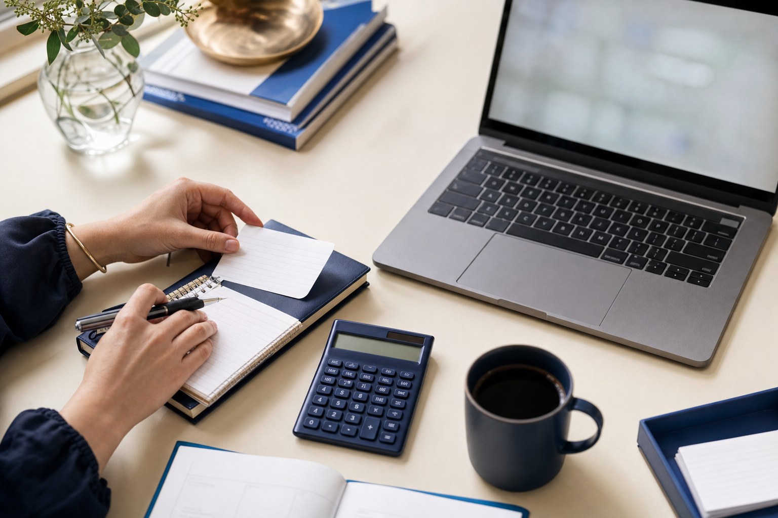 Notes, calculator, and laptop prepared for compensation research