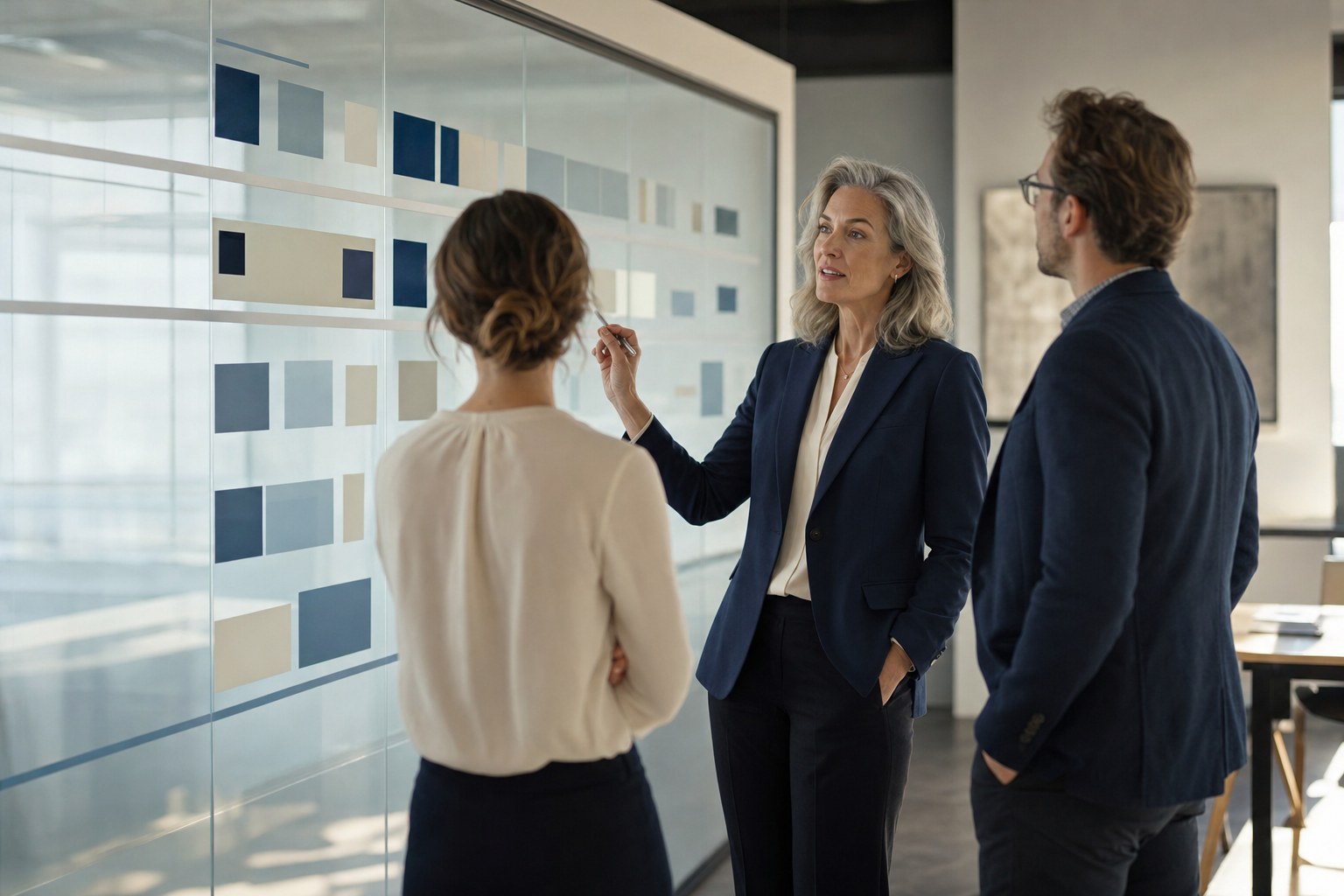 Internal communications leader discussing a visual message plan with colleagues