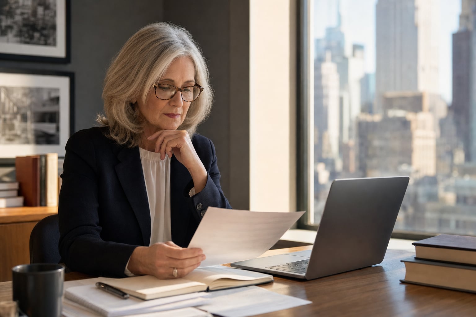 Communications professional reviewing a message brief at a desk
