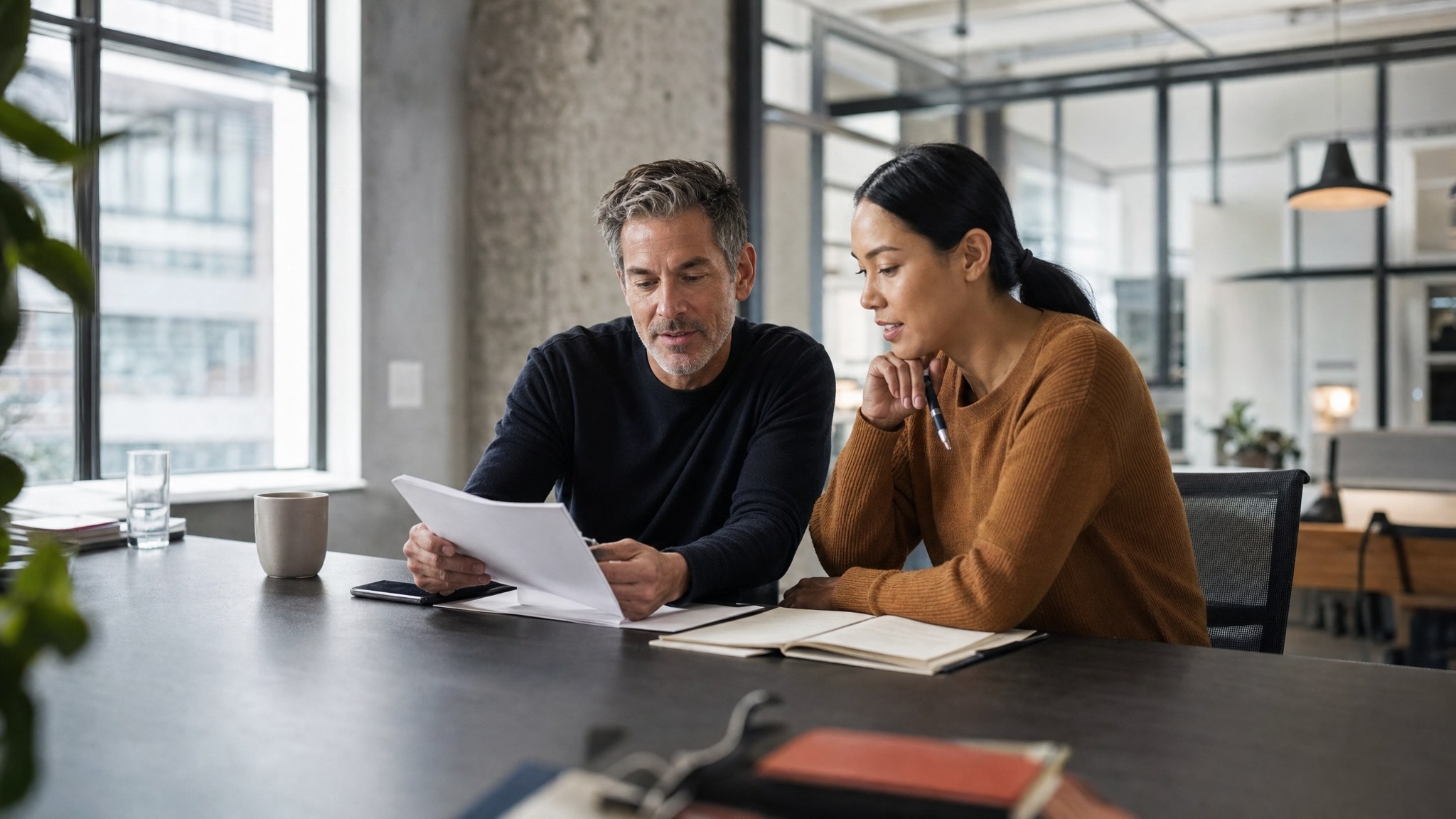Two marketing leaders reviewing a role brief together at a conference table