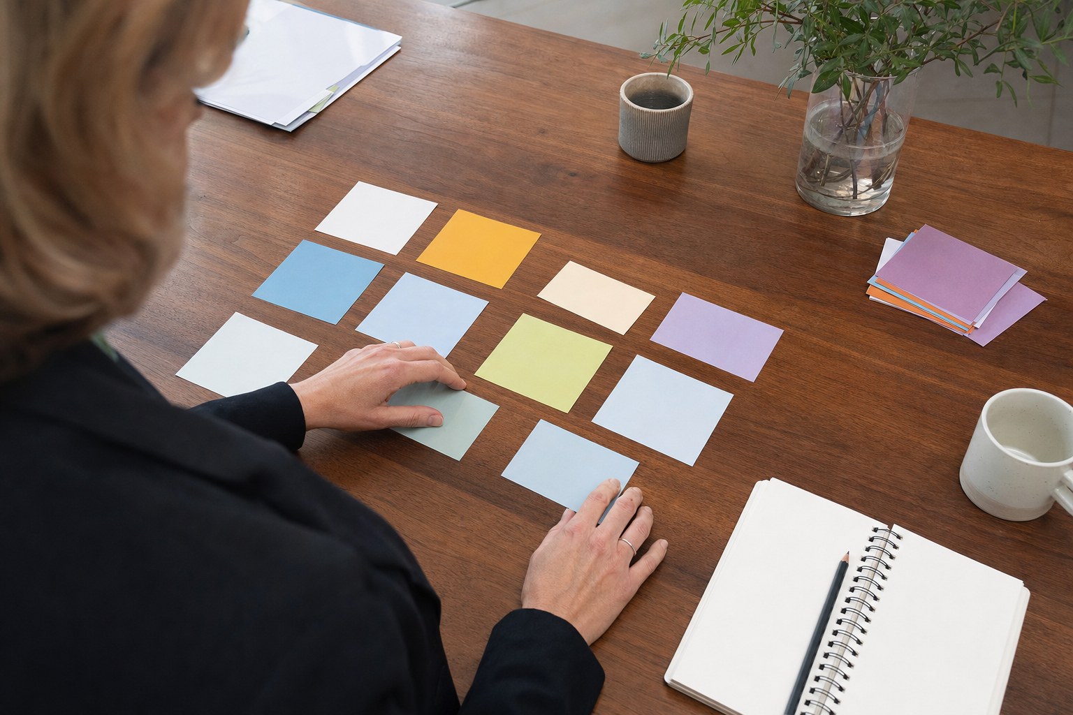 Marketing leader arranging planning cards on a table