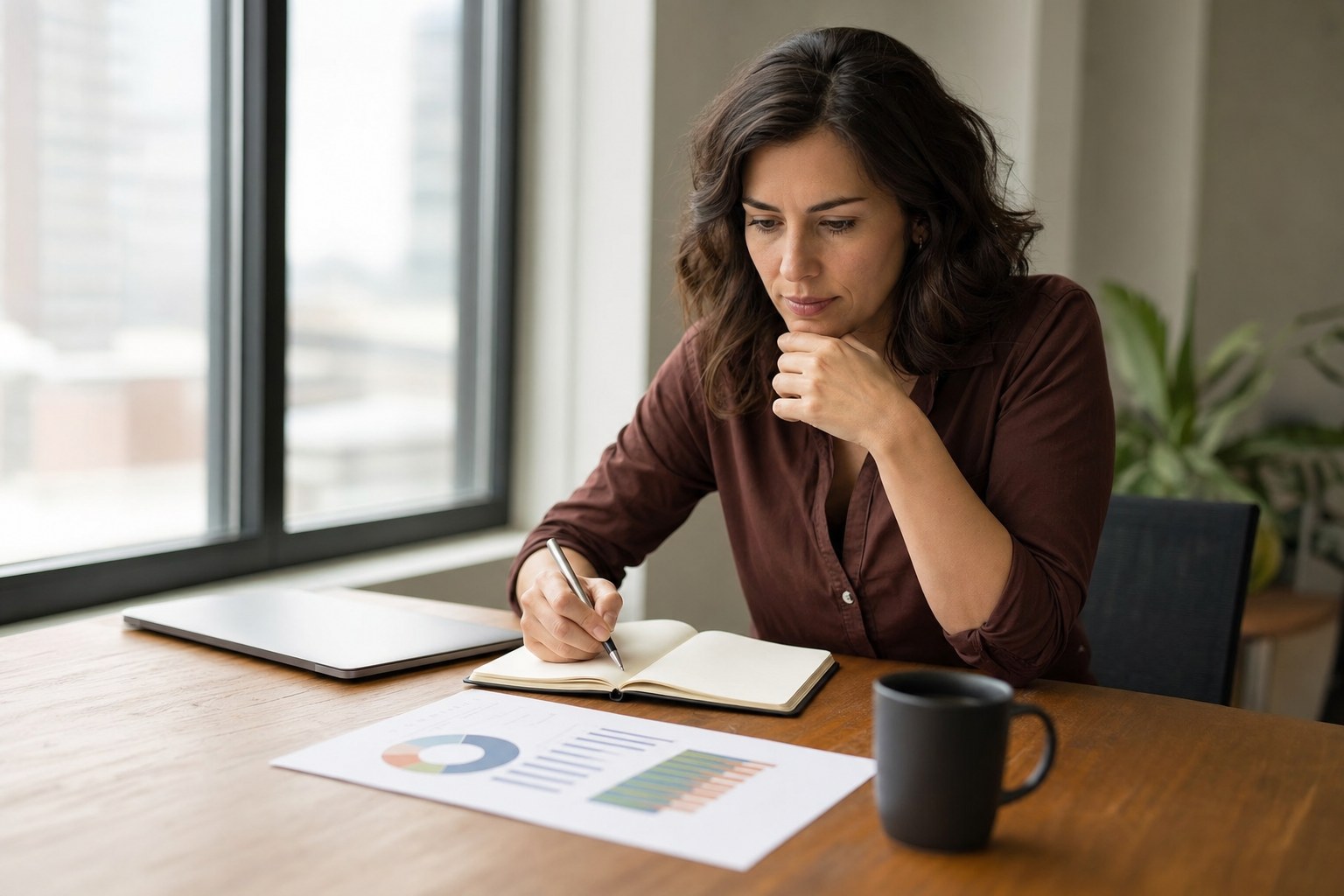 Marketing professional reviewing campaign performance notes