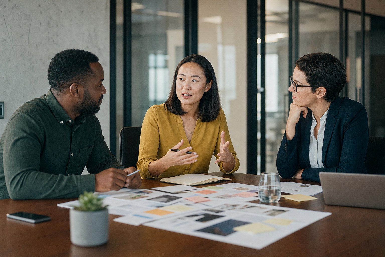 Three colleagues discussing a marketing plan together