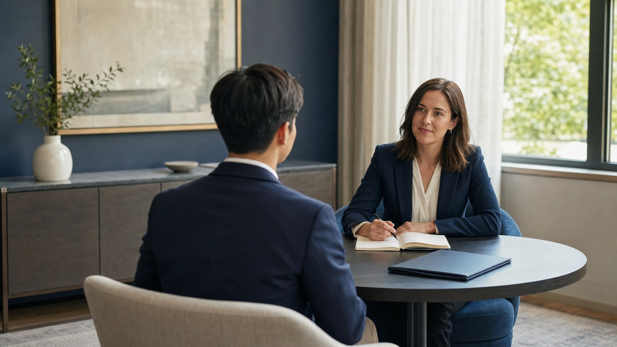 Candidate speaking with a recruiter at a table