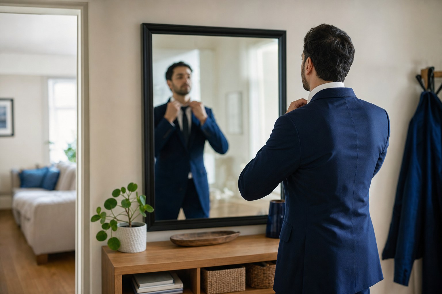 Professional adjusting a jacket before leaving for an interview