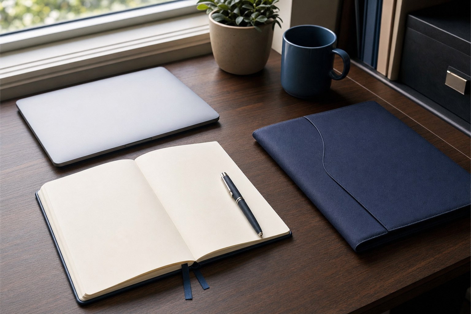 Notebook, portfolio folder, and laptop prepared for an interview