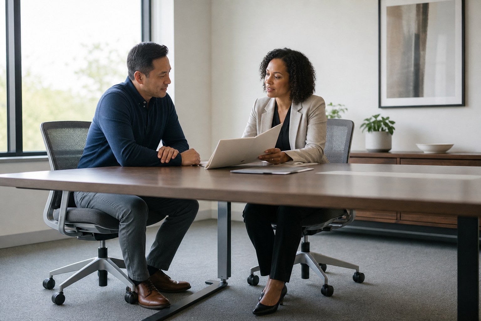 Candidate and recruiter having a focused career conversation across a conference table