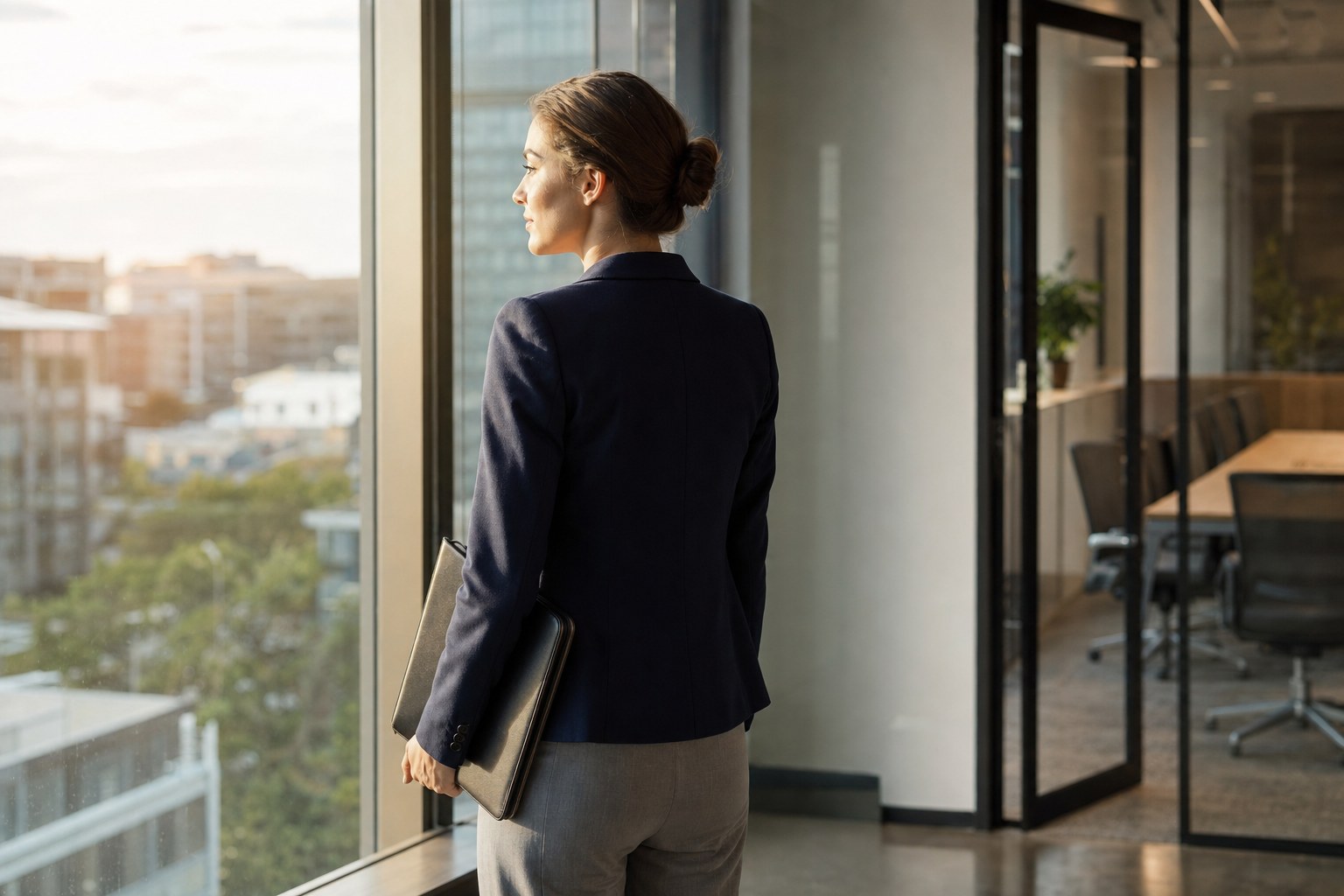 Professional reflecting beside an office window after a meeting