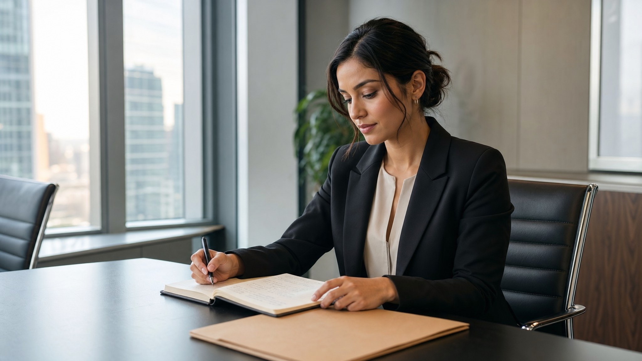 Professional preparing questions in a notebook before a recruiter conversation