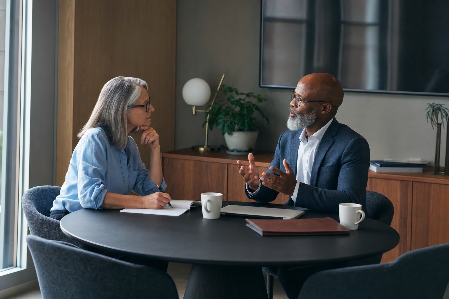 Two senior professionals in a candid meeting conversation