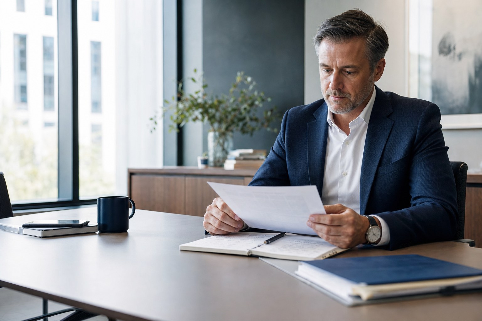 Professional reviewing an offer and notes at a conference table